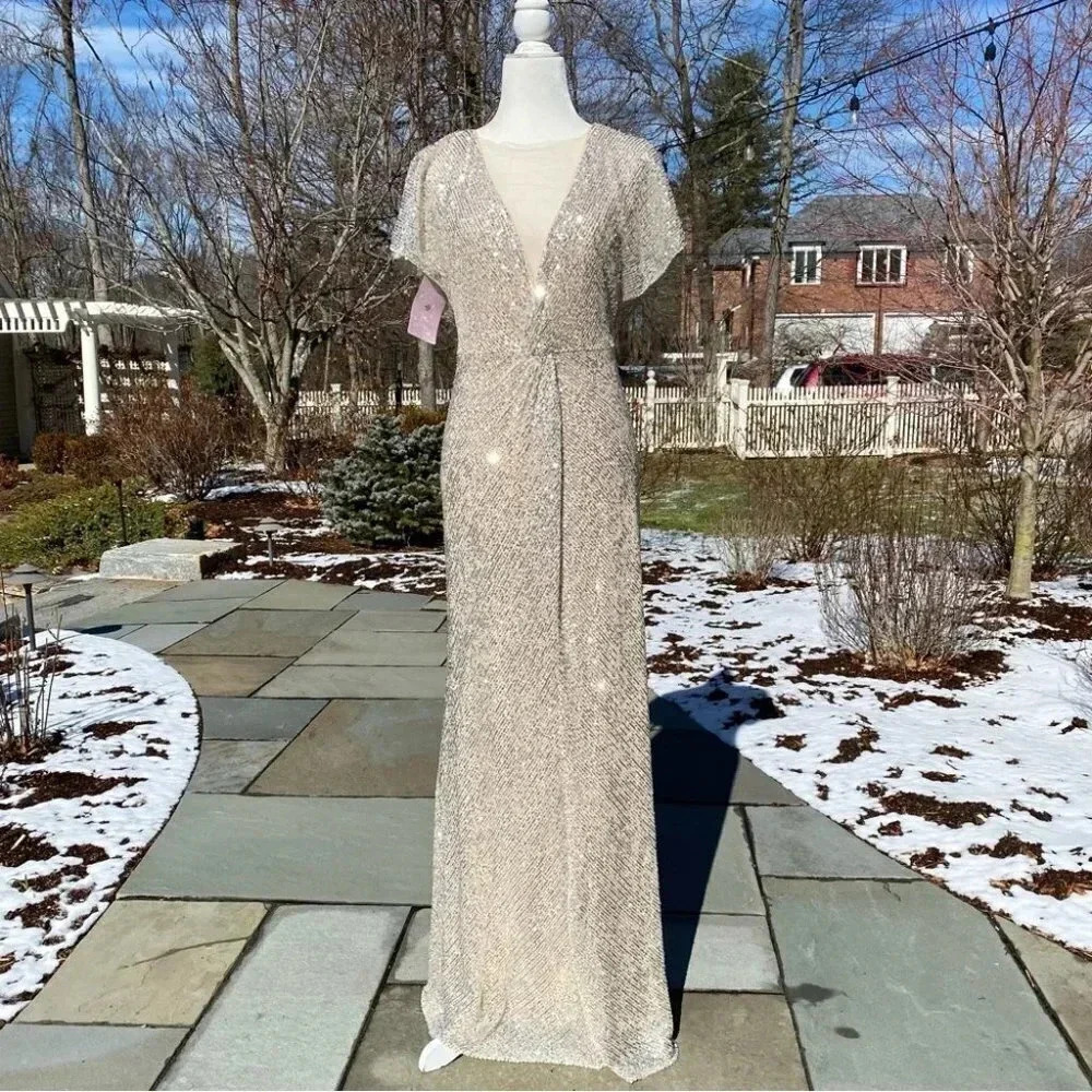 NWT Jenny Yoo Lorimer Sequin Formal Maxi Dress Gold Womens Size 4